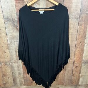 Chico's Travelers Black Fringe Poncho Wrap One Size Acetate Spandex Blend